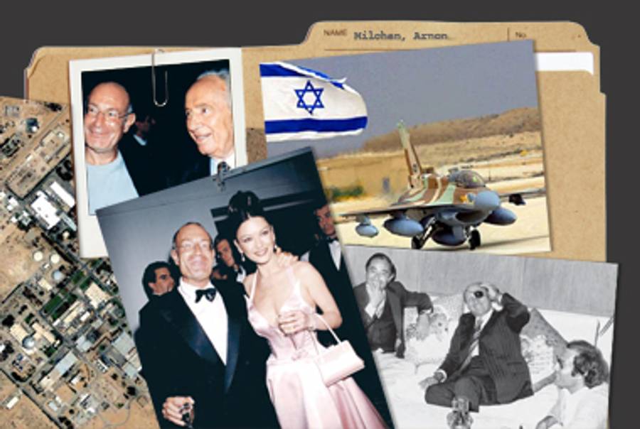 Arnon Milchan with Shimon Peres; Milchan with Catherine Zeta-Jones; Milchan with Moshe Dayan and Leon Uris.(Photocollage by Tablet Magazine; images from Confidential, Gefen Books)