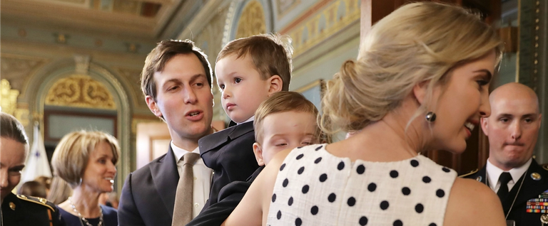 Ianka Trump (R), Jared Kushner, White House senior advisor to the president for strategic planning and son-in-law to President Donald Trump, and two of their children greet members of the armed forces and their families during an event celebrating National Military Appreciation Month and National Military Spouse Appreciation Day in the Eisenhower Executive Office Building May 9, 2017 in Washington, DC.