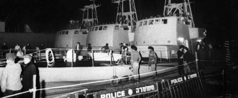 View of three of five French missile boats bought by the Israeli government arriving in the port of Haifa on the night of Jan. 1, 1970. The Cherbourg Project was an Israeli military action in 1969 involving the escape of the five missile boats from the French port of Cherbourg that had been paid for by Israel but had not been delivered due to the French arms embargo in 1969.