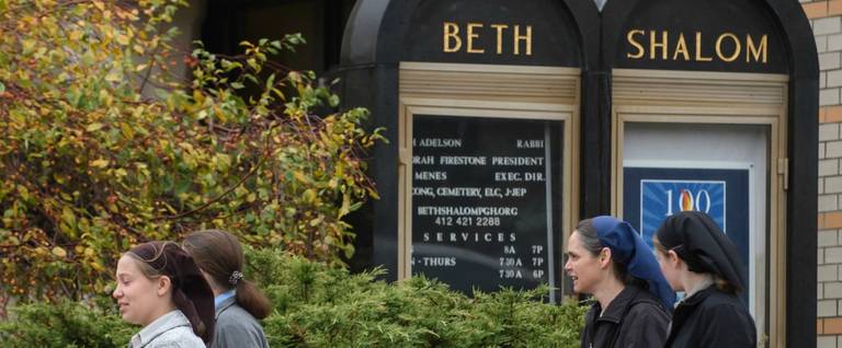 Worshippers head into Beth Shalom Synagogue for Shabbat services Saturday morning in the Squirrel Hill neighborhood on Nov. 3, 2018, in Pittsburgh.