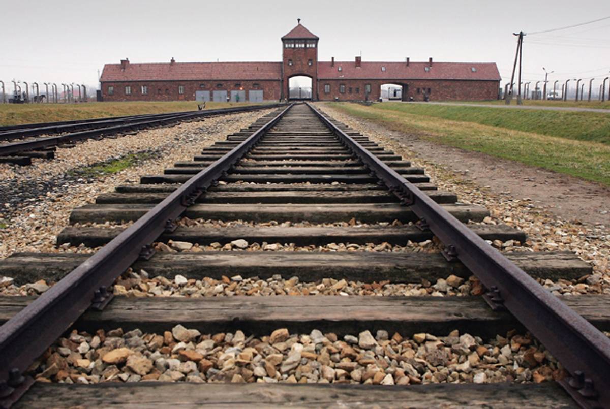 The railway tracks leading to the main gates at Auschwitz II - Birkenau seen December 10, 2004. (Scott Barbour/Getty Images)