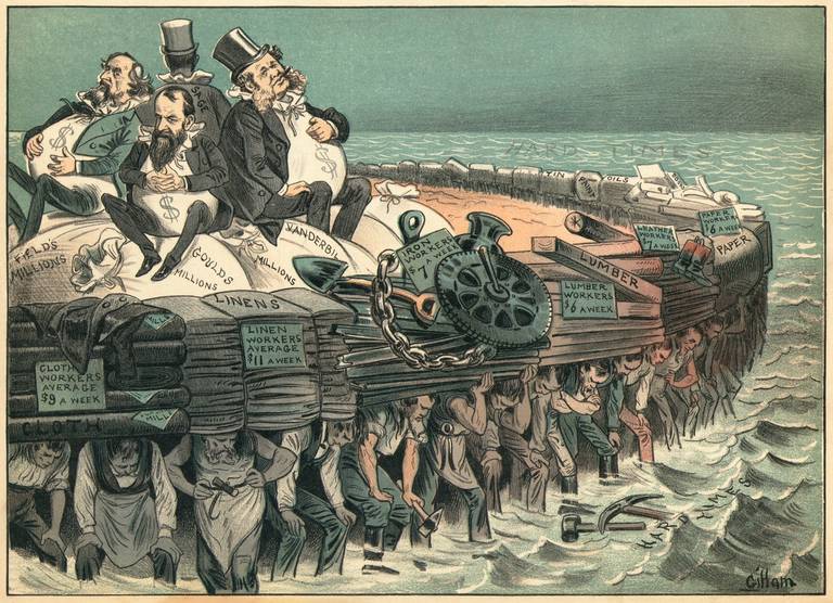 A political cartoon from 1883 aimed at wealthy businessmen Cyrus Field (1819-1892), Jay Gould (1836-1892), Cornelius Vanderbilt (1794-1877), and Russell Sage (1816-1906). Laborers awash in a sea of hard times struggle to hold up the lumber, paper, and linen industries with low-wage jobs on their backs as the industrialists and their millions weigh them down.
