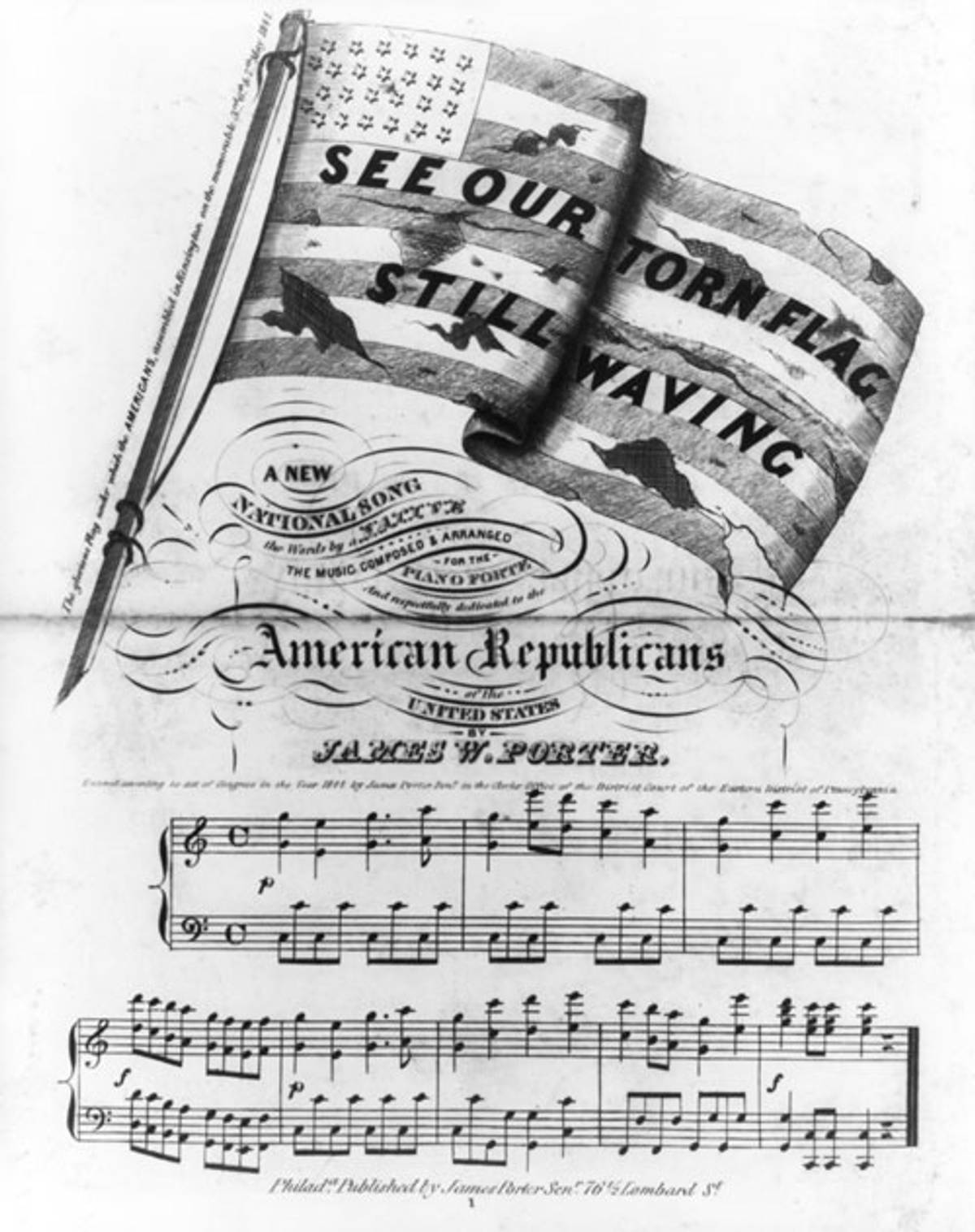 An illustrated sheet-music cover glorifying the nativist cause, produced shortly after the bloody anti-Catholic riots in Kensington, Philadelphia, of May 1844. (Image: Library of Congress)