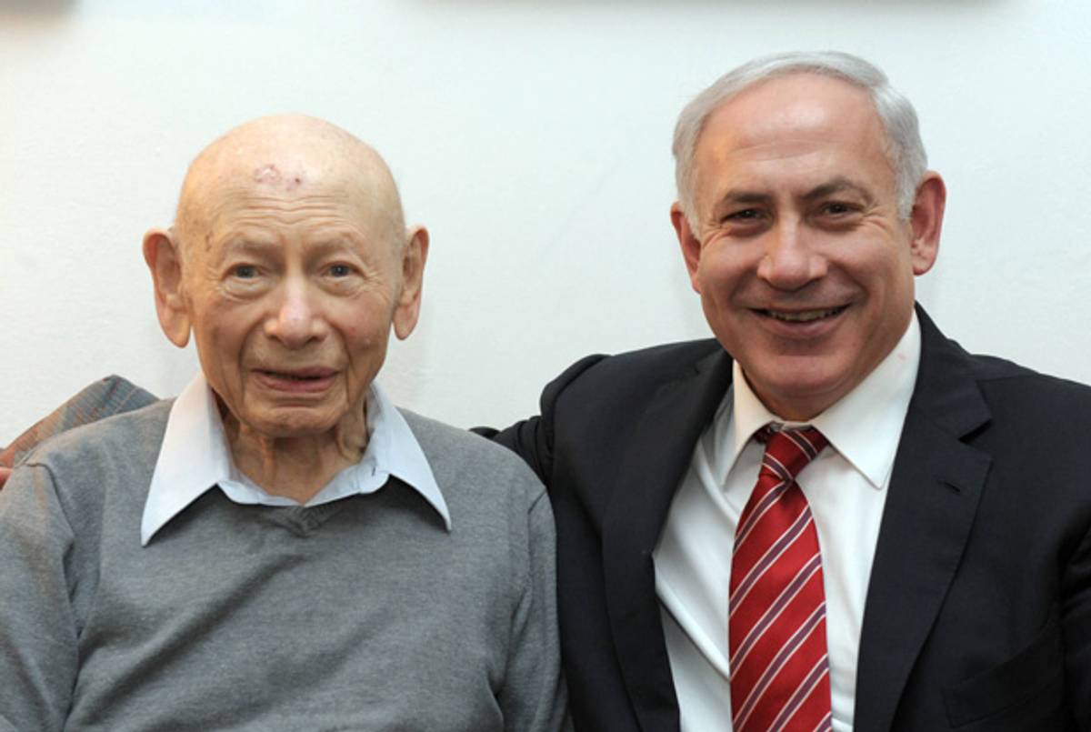 Benzion and Benjamin Netanyahu last month, on the former's 102nd birthday.(Avi Ohayon/GPO via Getty Images)