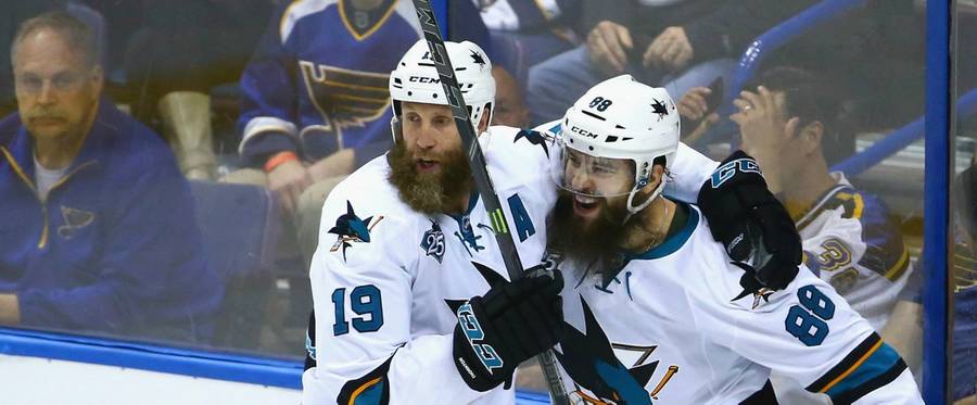 Brent Burns #88 and Joe Thornton #19 of the San Jose Sharks celebrate after scoring a second period goal against the St. Louis Blues in St Louis, Missouri, May 17, 2016. 