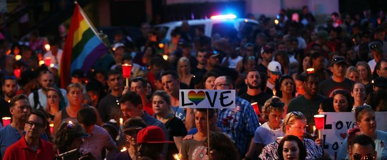 The scene at a memorial service for the victims of the Pulse nightclub shooting in Orlando, Florida, June 19, 2016 