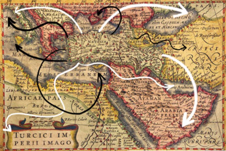 (Illustration: Tablet Magazine; map: Ottoman Empire in 1634 Mercator/Hondius Atlas Minor.)