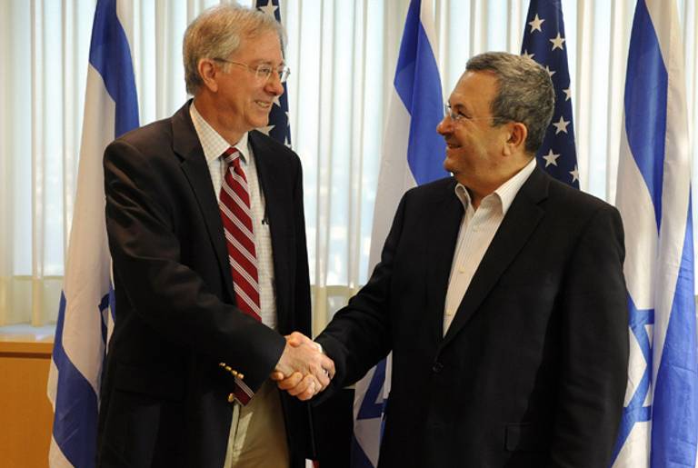 Dennis Ross and Defense Minister Barak in 2010.(Matty Stern/U.S. Embassy Tel Aviv via Getty Images)