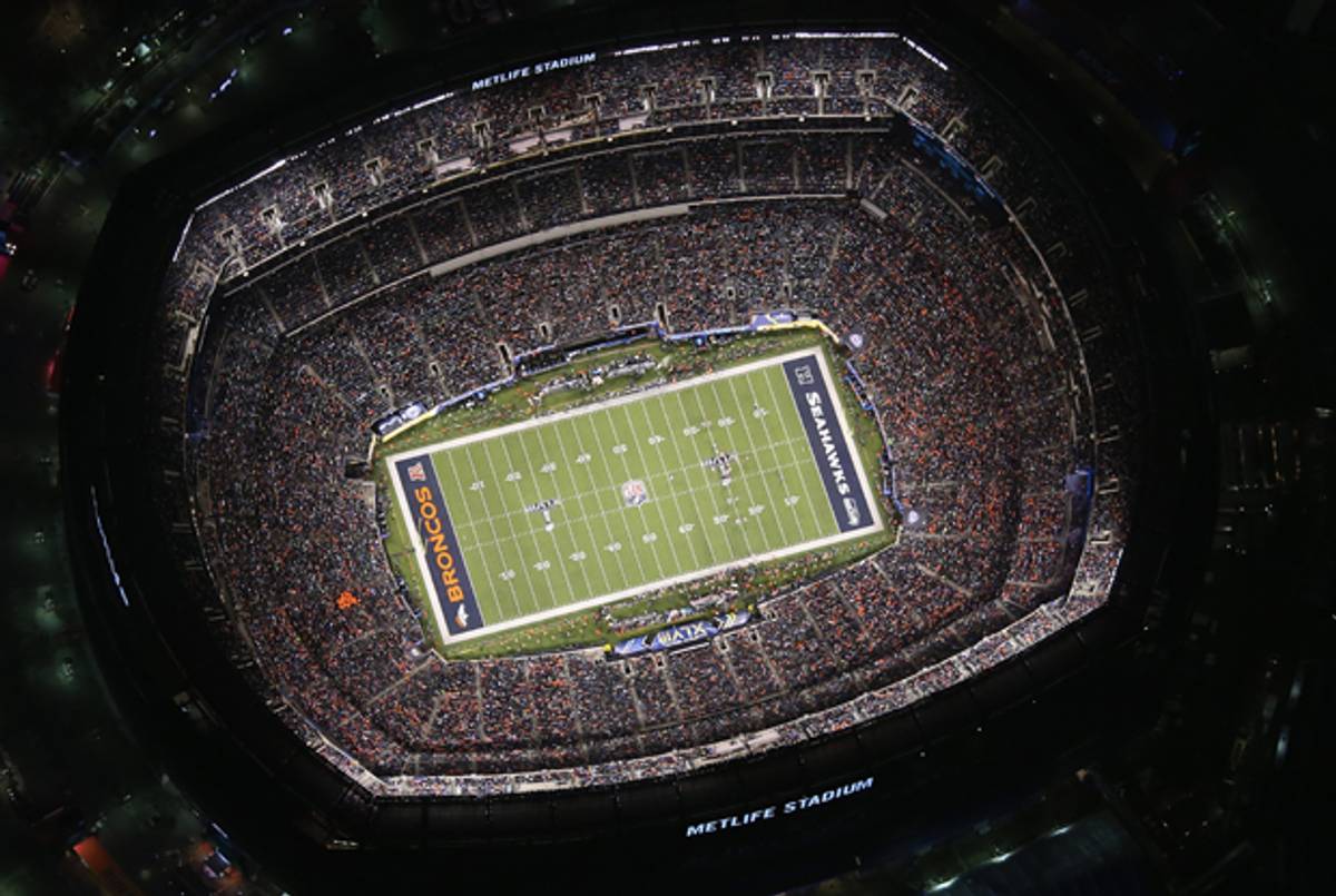 The Seattle Seahawks and the Denver Broncos play in Super Bowl XLVIII on February 2, 2014 in East Rutherford, New Jersey.(John Moore/Getty Images)