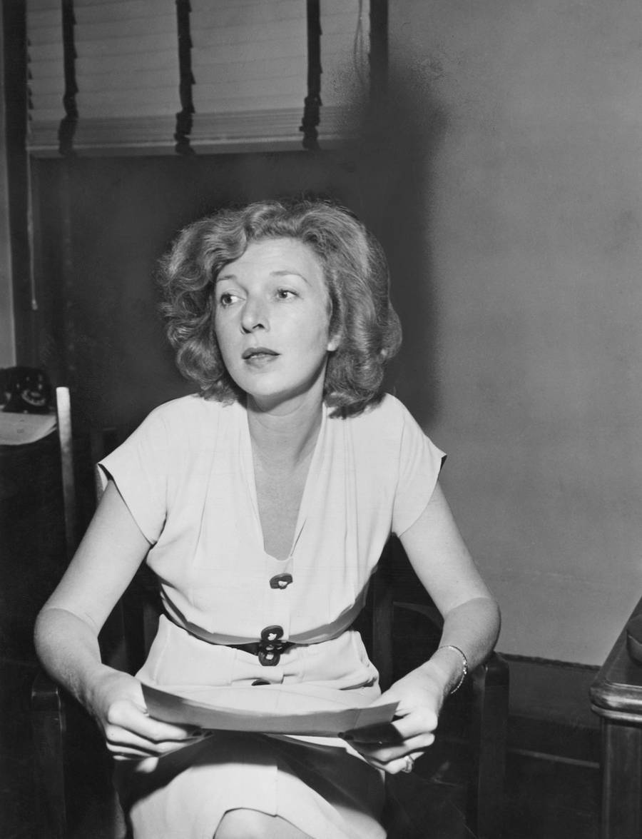 Martha Gellhorn at a press conference held at the offices of the Spanish Refugee Appeal in New York City, circa 1946