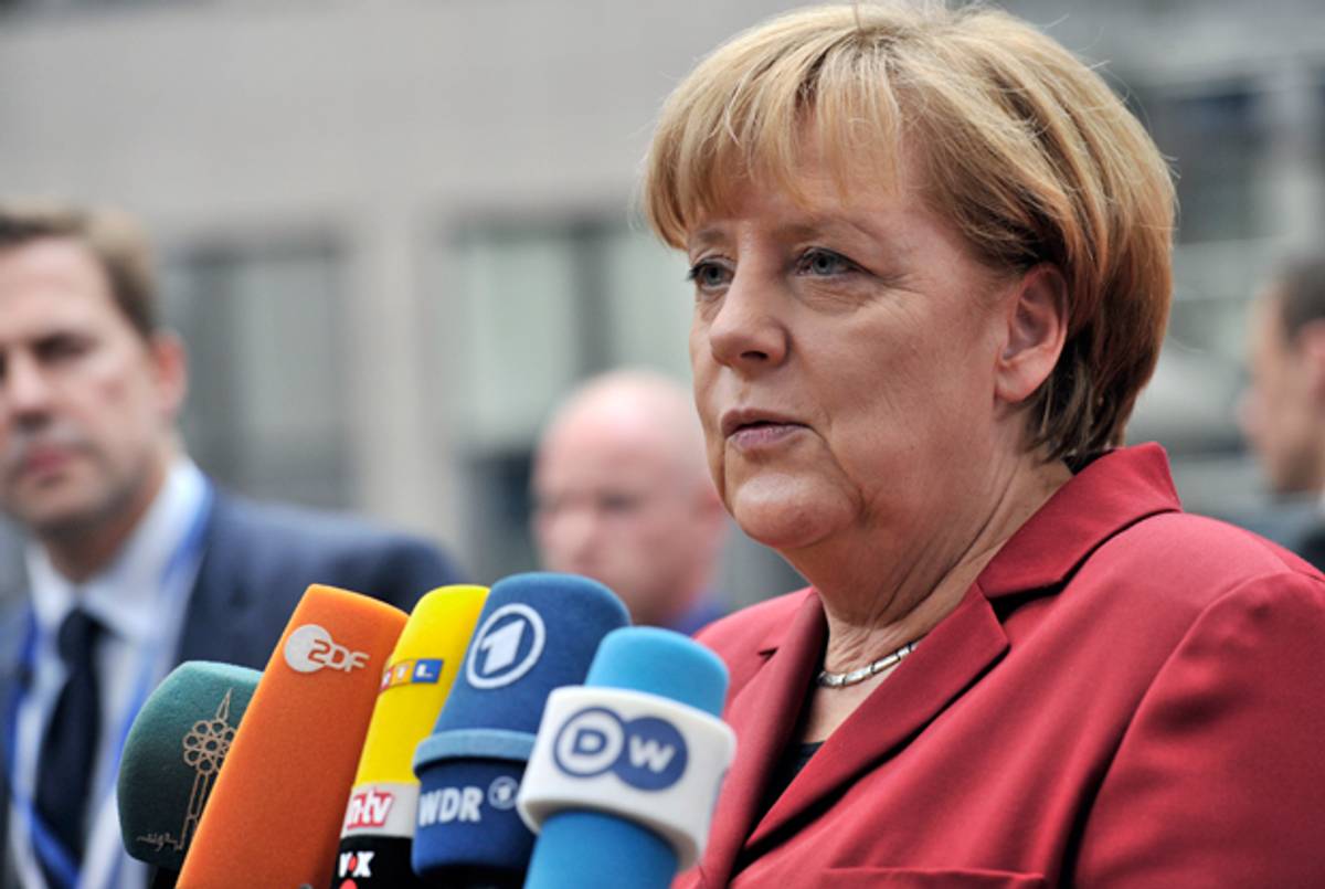 German Chancellor Angela Merkel talks to the press on October 24, 2013 at the EU headquarters in Brussels. (GEORGES GOBET/AFP/Getty Images)