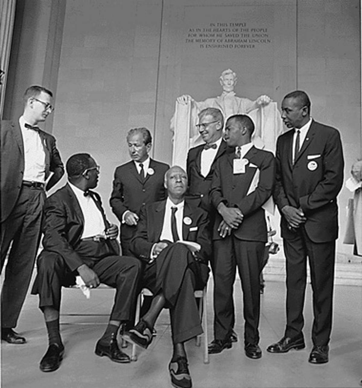 Civil Rights March on Washington, D.C.: Mathew Ahmann, Cleveland Robinson, Rabbi Joachim Prinz, A. Philip Randolph, Joseph Rauh, Jr, John Lewis, Floyd McKissick, August 28, 1963.