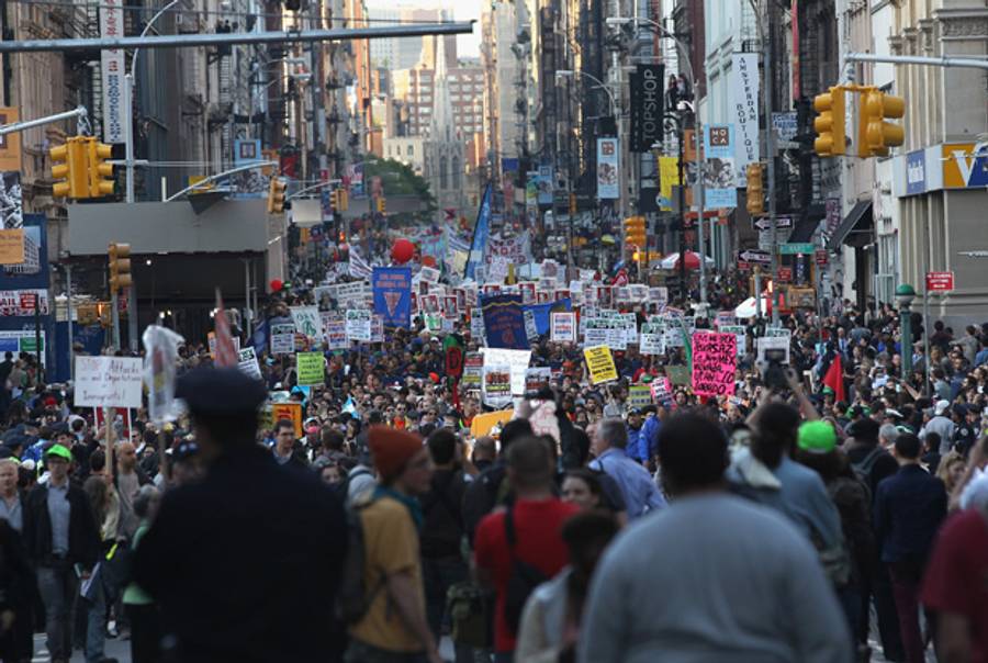 Occupy Wall Street demonstrators joined labor groups in a march down Broadway during a May Day protest on May 1, 2012, in New York City. (John Moore/Getty Images)