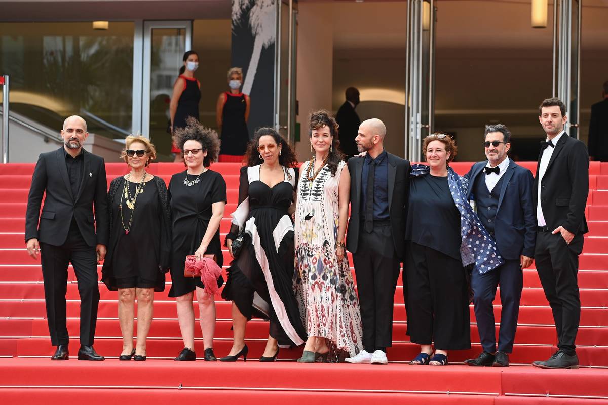 Director Shlomi Elkabetz, far left, with guests and actors, at the ‘Lingui’ screening during the 74th annual Cannes Film Festival in France, on July 8, 2021