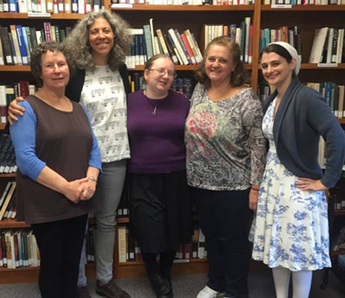 Linda Kaye, Linda Motzkin, Jen Taylor Friedman, Rachel Reichhardt, and Ariela Housman at The Annual Conference of Women Torah Scribes. (Photo: Marjorie Ingall)