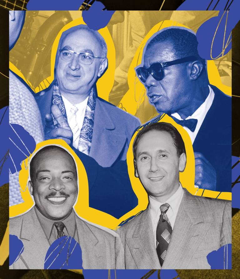 Clockwise from top left: Mezz Mezzrow, Louis Armstrong, Milton Ebbins, and Count Basie