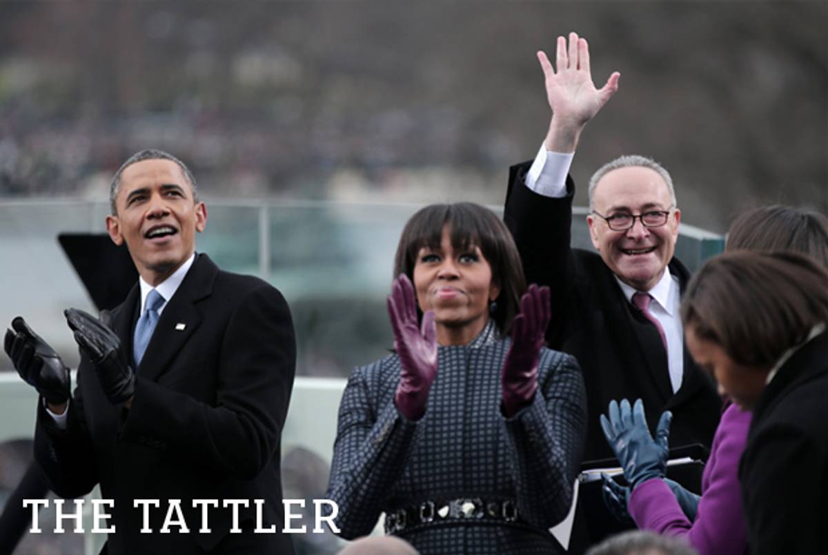 President Barack Obama, First Lady Michelle Obama, and U.S. Senator Charles Schumer during the presidential inauguration on the West Front of the U.S. Capitol, January 21, 2013. (Win McNamee/Getty Images)