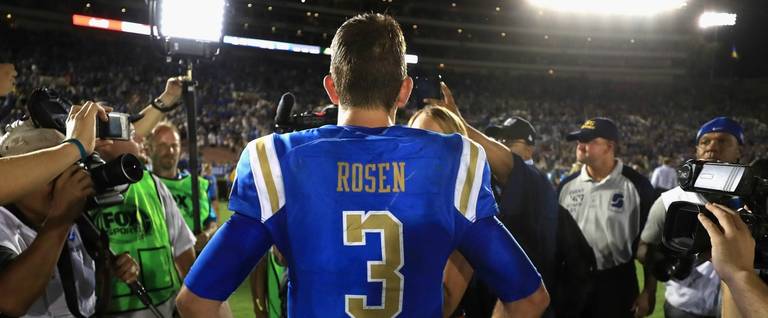 Josh Rosen #3 of the UCLA Bruins talks with the media after UCLA Bruins defeated Texas A&M Aggies 45-44 in a game at the Rose Bowl on September 3, 2017 in Pasadena, California.