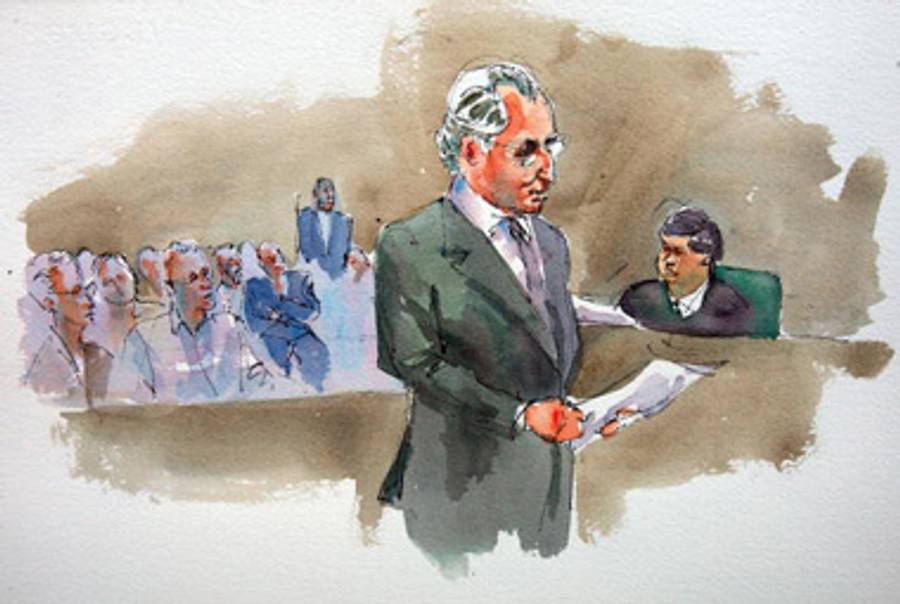 Rendering of Bernard Madoff pleading guilty in 2009.(Aggie Kenny/Getty Images)