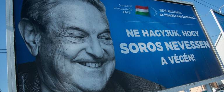 A poster with US billionaire George Soros is pictured on July 6, 2017 in Szekesfehervar, Hungary.