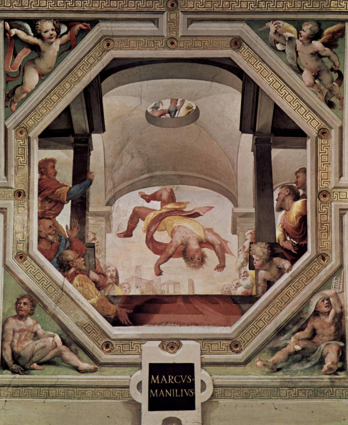 Manlius Capitolinus tossed from the Tarpeian Rock by Domenico di Pace Beccafumi, in Palazzo Pubblico of Siena