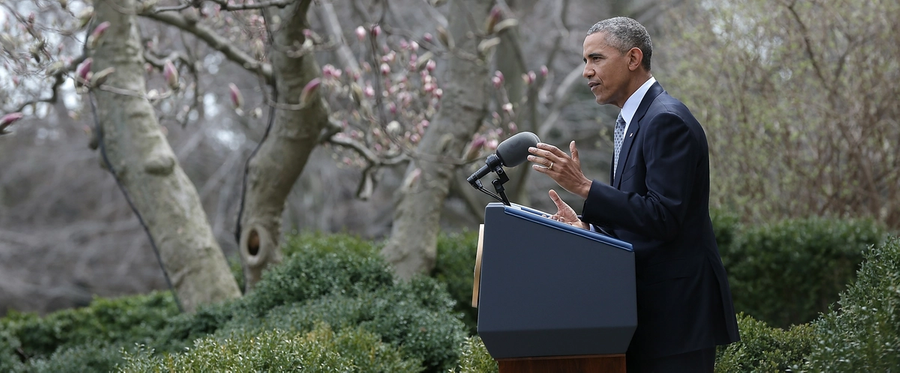 U.S. President Barack Obama delivers remarks in the Rose Garden of the White House on negotiations with Iran over their nuclear program on April 2, 2015 in Washington, DC. In exchange for Iran's agreement to curb their country's nuclear proliferation, the United States would lift some of the crippling sanctions imposed. 