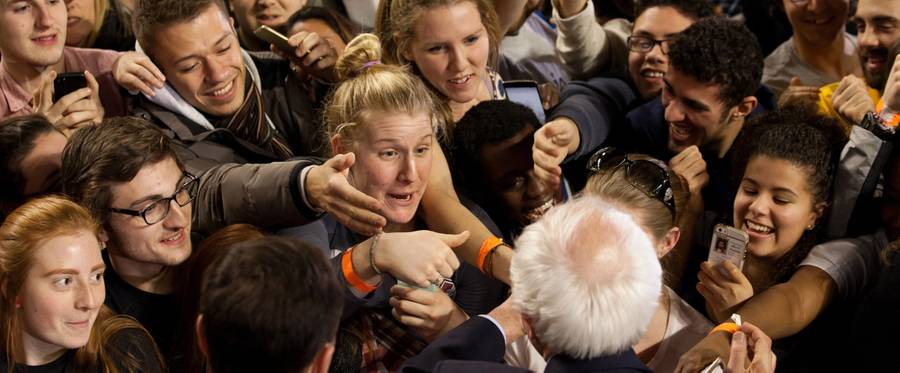 Democratic presidential candidate, Sen. Bernie Sanders shakes hands with supporters after a rally on February 22, 2016 at the University of Massachusetts in Amherst, Massachusetts. Sanders is campaigning in the lead up to Super Tuesday primaries on March 1 when 11 states will vote. 
