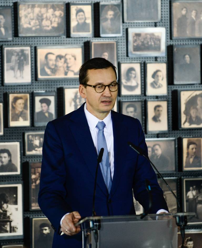 Poland’s prime minister, Mateusz Morawieck, delivers a speech on the 10th anniversary of the founding of the Auschwitz Foundation, in Oswiecim, Poland, on Dec. 6, 2019