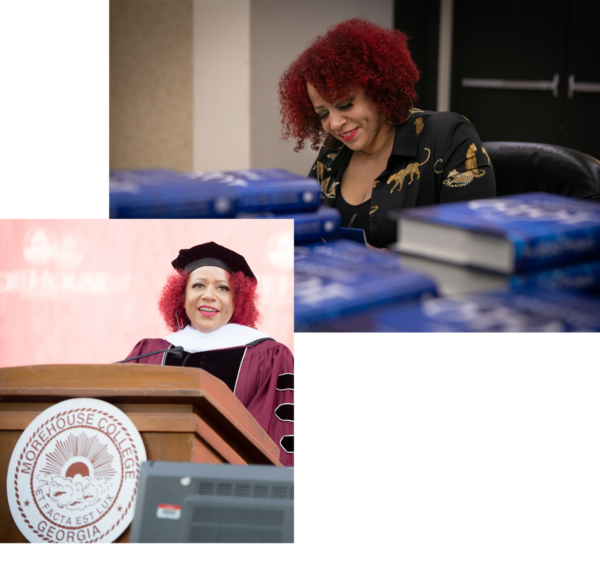 At top, Hannah-Jones signs copies of ‘The 1619 Project’ at a Los Angeles Times event, November 2021; speaking on stage during the 137th Commencement at Morehouse College, 2021