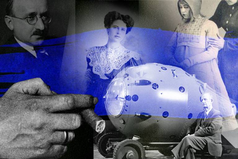Clockwise from top right: Mirra in Stanislavsky's world premiere of Maurice Maeterlinck's Blue Bird, 1908; Yuli Khariton with a replica of the first Soviet A-bomb; Mirra Birens; Max Eitingon, wearing the ring he received from Sigmund Freud as a member of the psychoanalytic “secret committee” and emulating Freud’s perpetual cigar.(Collage Tablet Magazine.)