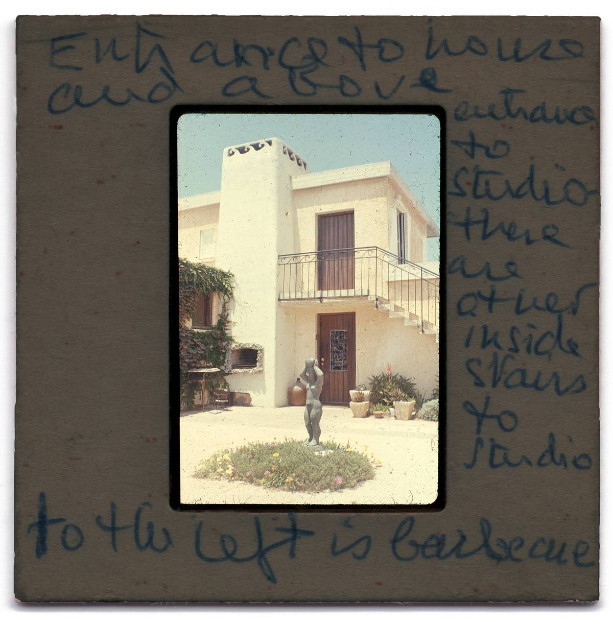 The entrance, with my grandfather’s sculpture Pax, in the foreground. The exterior stairs leading to my father’s upstairs office was inspired by houses he’d seen in Palestinian villages.