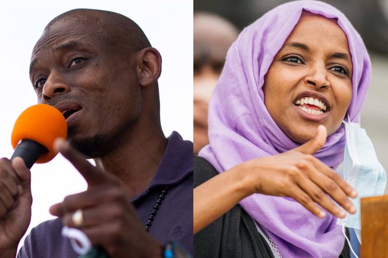 At left, Democratic primary challenger Antone Melton-Meaux; at right, U.S. Rep. Ilhan Omar, D-Minn.