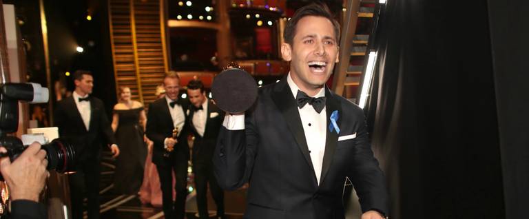 Songwriter Benj Pasek after winning the Best Original Song Oscar for 'City of Stars' backstage during the 89th Annual Academy Awards at Hollywood & Highland Center on February 26, 2017 in Hollywood, California.