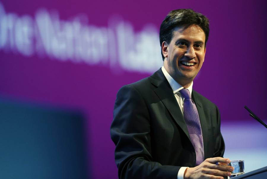 Britain's opposition Labour Party leader Ed Miliband gestures during a Question and answer session during the conclusion of the final day of the Labour party conference in Brighton, Sussex, south England on September 25, 2013.(ADRIAN DENNIS/AFP/Getty Images)