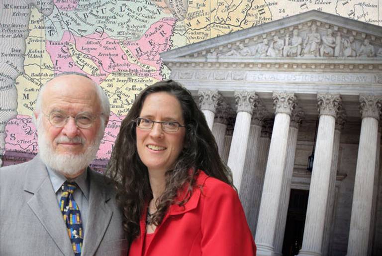 Nathan Lewin and Alyza Lewin.(Collage: Tablet Magazine; Lewins: Rikki Lewin; map: Wikimedia Commons; Supreme Court: Brenda Smialowski/AFP/Getty Images)