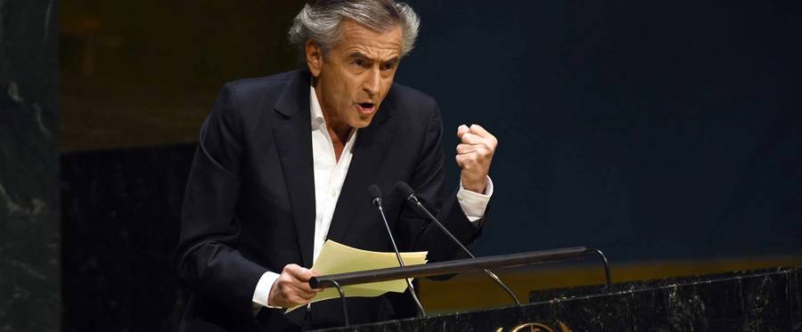 French philosopher and writer Bernard-Henri Levy speaks at the United Nations headquarters in New York on January 22, 2015 during an informal meeting of the plenary of the General Assembly to address concerns of a rise in anti-Semitic violence worldwide. 