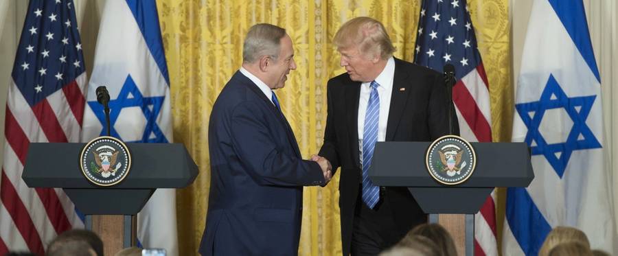 U.S. President Donald Trump (R) and Israeli Prime Minister Benjamin Netanyahu hold a joint press conference in the East Room of the White House in Washington, D.C., February 15, 2017. 