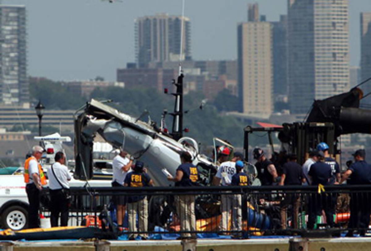 The helicopter’s wreckage in Hoboken yesterday.(Rick Gershon/Getty Images)