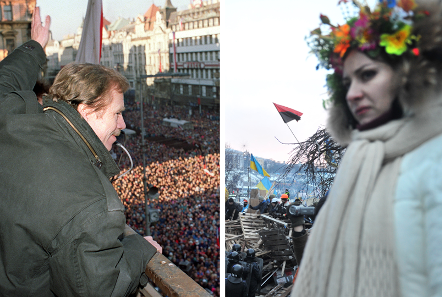 Demonstrations in Czechoslovakia in 1989 (left) and in Ukraine in 2014 (right). 