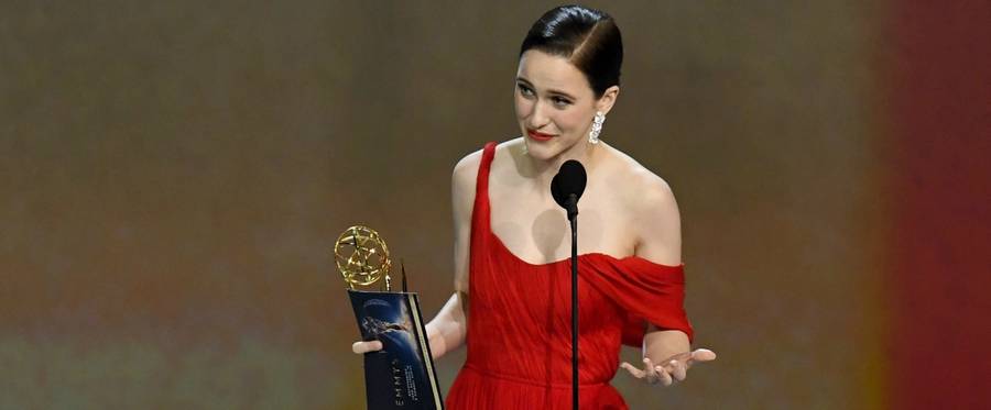 Rachel Brosnahan accepts the 2018 Emmy for outstanding lead actress in a comedy series award for 'The Marvelous Mrs. Maisel.'