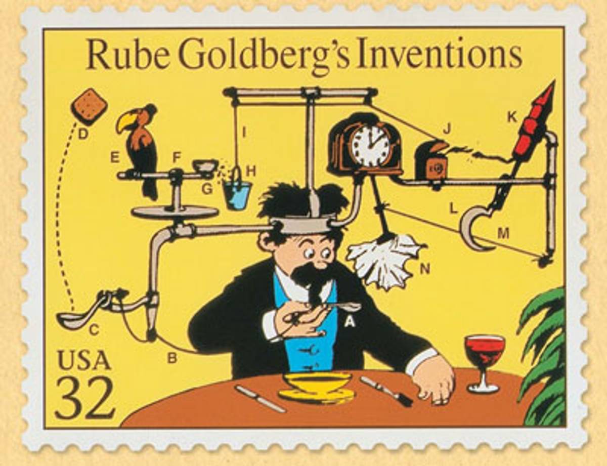 Rube Goldberg, Rube Goldberg Inventions United States Postal Service Stamp (included on sheet of ‘Comic Classics’ stamps), date unknown. (Artwork Copyright © Rube Goldberg Inc.)