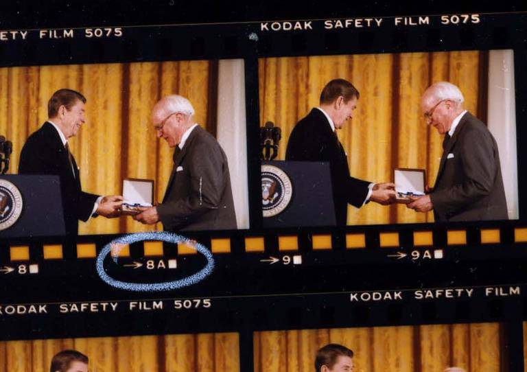 Ronald Reagan awarding Burnham the Presidential Medal of Freedom, 1983