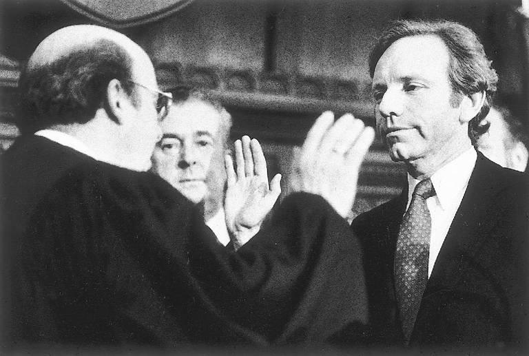 Joe Lieberman is sworn in as attorney general of Connecticut by Chief Justice John Speziale, 1983
