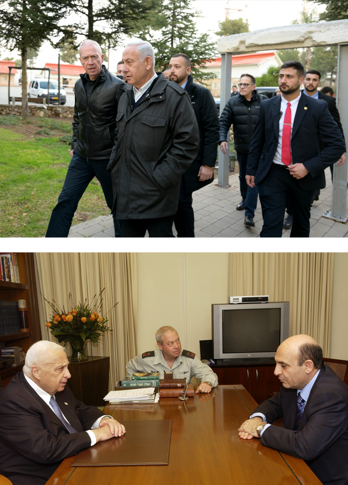 Top: Gallant (left) with Neyanyahu in Safed, 2023; bottom; with Prime Minster Ariel Sharon (left) and Defense Minister Shaul Mofaz before signing an order implementing the disengagement from the Gaza Strip, 2005