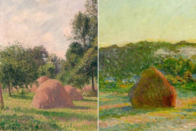 Camille Pissarro, Haystacks, Morning, Eragny, 1899; Claude Monet, Stacks of Wheat (End of Summer), 1890-91.(The Metropolitan Museum of Art; The Art Institute of Chicago)