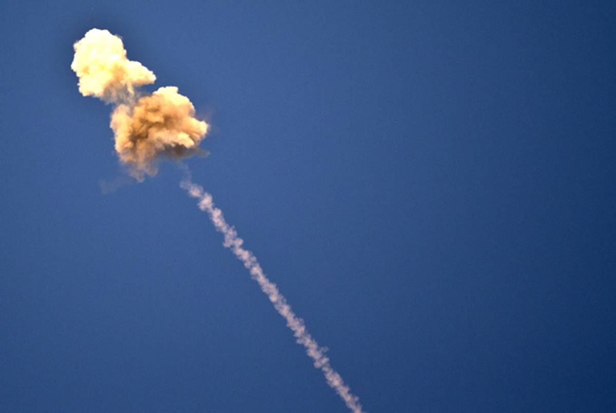 The trail of an Israeli missile launched from the Iron Dome defense missile system, used to intercept and destroy incoming short-range rockets and artillery shells from Gaza, is pictured on November 15, 2012. (Jack Guez/AFP/Getty Images)