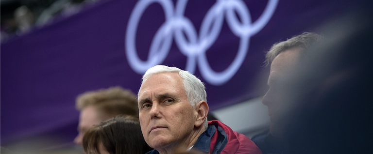 United States Vice President Mike Pence watches short track speed skating at Gangneung Ice Arena on February 10, 2018 in Gangneung, South Korea.