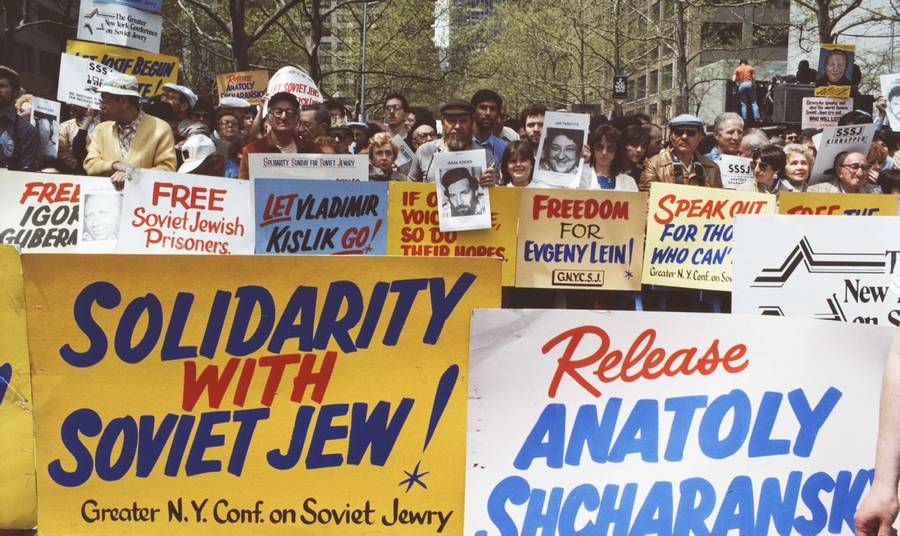 Protesters demonstrating for the rights of Jews in the Soviet Union, on a ‘Solidarity Sunday for Soviet Jewry,’ New York City, May 6, 1984