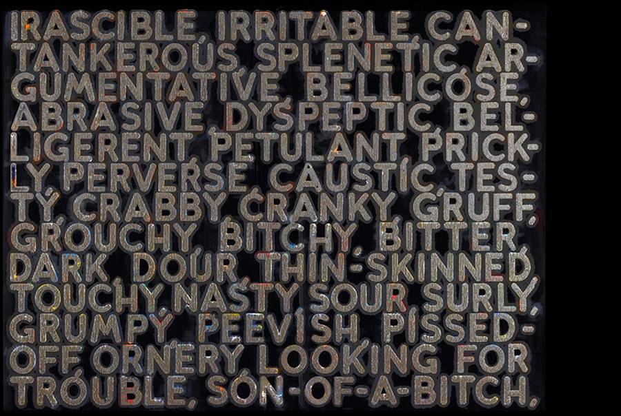 Mel Bochner, Irascible, 2006, oil on velvet, 36.5 X 47.5 inches. Private Collection. Artwork © Mel Bochner.(From the exhibition catalogue, Mel Bochner: Strong Language, co-published by The Jewish Museum, NY, and Yale University Press, 2014.)
