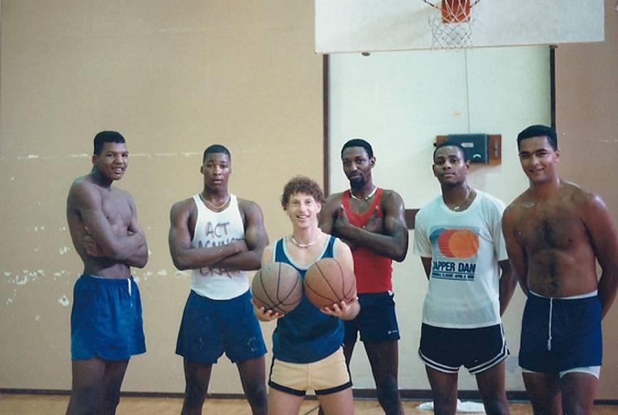 From left to right: Luther Wright, Anthony Avent, Sandy Pyonin, Edgar Jones, Frantz Volcy, and Alaa Abdelnaby, at the YM-YWHA in Union, N.J., in the mid-1980s. Wright, Avent, Jones, and Abdelnaby played in the NBA; Volcy was signed by an NBA team but never played due to injury.(NJ Roadrunners)